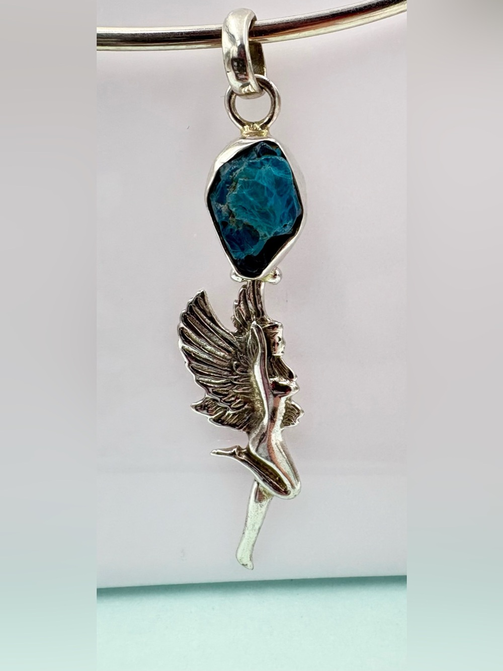 925 Sterling Silver 2CT Blue Apatite Winged Fairy Pendant Necklace-Pendant Only